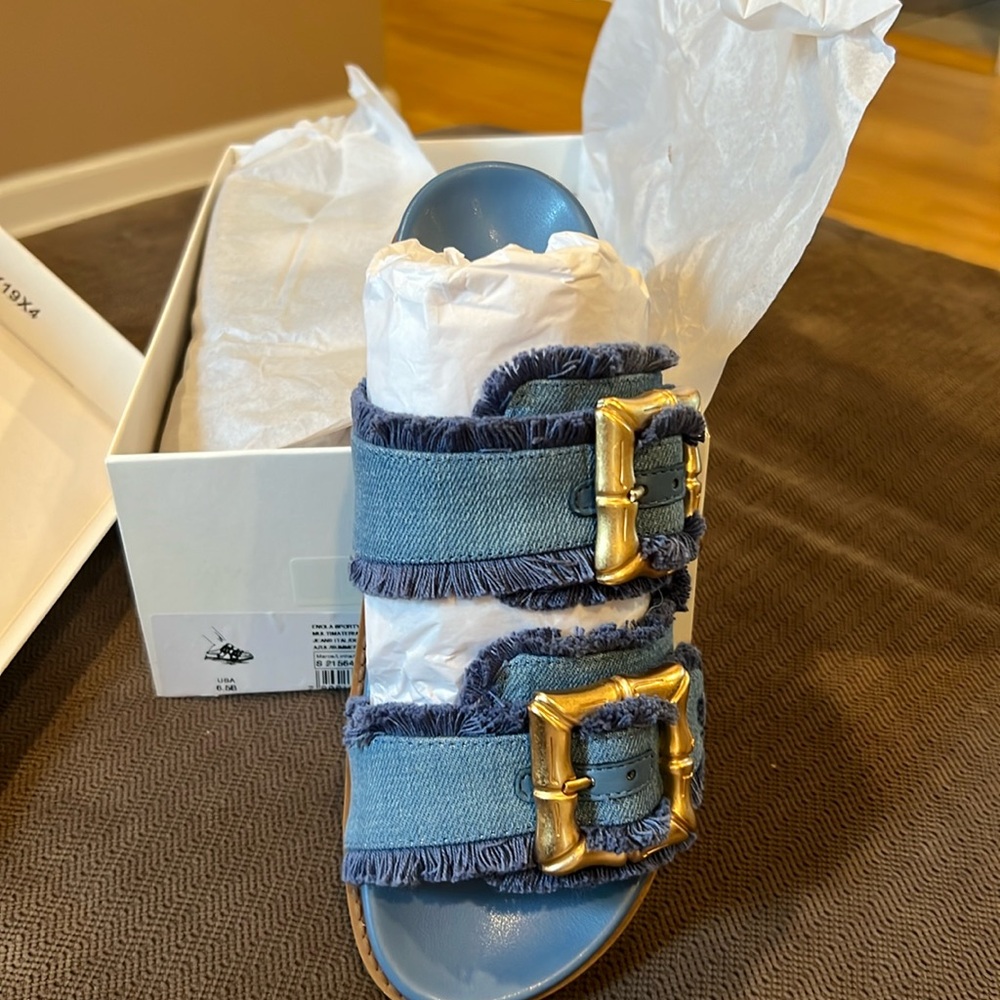 Blue denim Schultz sandals with gold buckles size 6.5